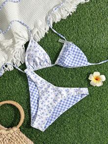 Swim Mod New Women's Summer 2-Piece Random Floral & Plaid Print Triangle Halter Bikini Top And Bottom Set, Beach Vacation Swimwear - Multicolor - View 5