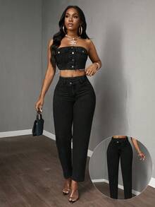 SHEIN Tall CURVE Plus Size Casual Asymmetric Waist Tapered Washed Denim Jeans - Black - View 7