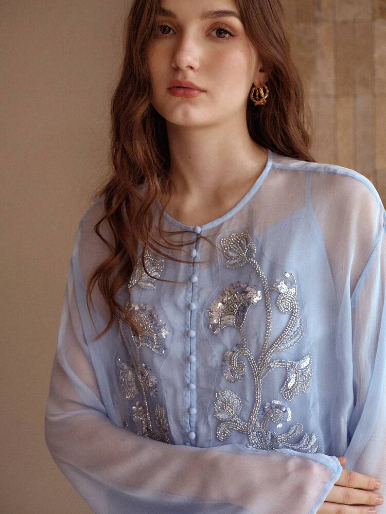 BLUSA DE MUJER DE MANGA LARGA CON BORDADO FLORAL DE LENTEJUELAS Y CUENTAS, LIGERA PARA OTOÑO