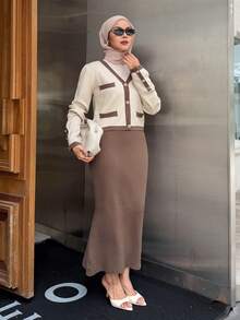 DAZY Women's Elegant Contrast Color Cardigan & Skirt 2 Pieces Set, Autumn Modest Fashion Long Sleeve Tops - Khaki - View 5