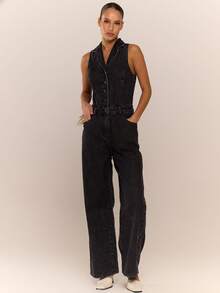 MUSERA 无袖纽扣收腰阔腿牛仔连体裤，酷女孩街头风日常休闲秋冬款 - 黑色 - 查看 5