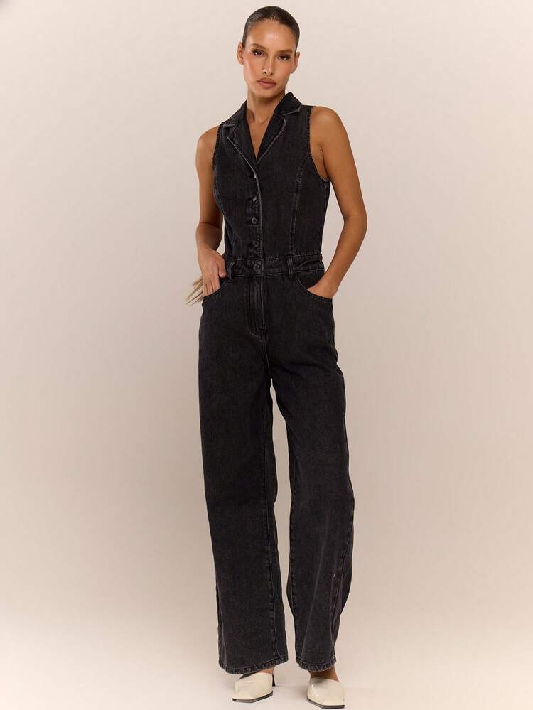 MUSERA 无袖纽扣收腰阔腿牛仔连体裤，酷女孩街头风日常休闲秋冬款 - 黑色 - 查看 5