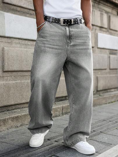 GALLERY FADE Men's Light Grey Casual Wide Leg Loose Fit Denim Jeans Going Out Urban Hang Out Vacation Work