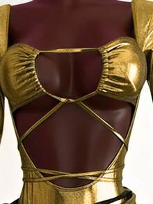 Mistrie 1 Set Damen Modischer Sexy Metallic Jumpsuit mit Cut-Outs und Minirock, Party-Outfit, Silvester-Outfit, Glitzer-Set Neujahrs-Outfit, Weihnachts-Party-Outfit, Valentinstags-Kleidung - Gold - Übersicht 3