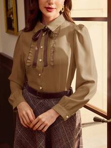 Vintamour 复古优雅女士衬衫，撞色滚边，蝴蝶结荷叶边下摆，纽扣设计，休闲百搭，适合工作、度假、秋季、冬季、圣诞节等各种场合。优雅女士衬衫 - 棕色 - 查看 3
