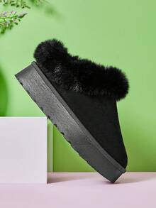 Mini mi #CozySteps 儿童黑色绒面革厚底木屐，带毛绒领口——温暖舒适的日常探险之选 - 黑色 - 查看 6