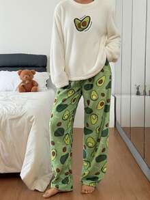 SHEIN 牛油果刺绣蓬松上衣和法兰绒印花长裤女士舒适睡衣套装，冬季服装 - 杏色 - 查看 3
