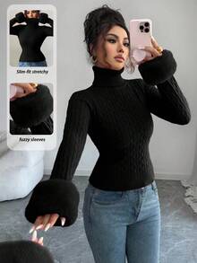 SHEIN Elenzya Elegant Twist Collar Patchwork Knit Sweater, Long Sleeve, Slim Fit, Suitable For Commuting, Autumn/Winter - Black - View 1