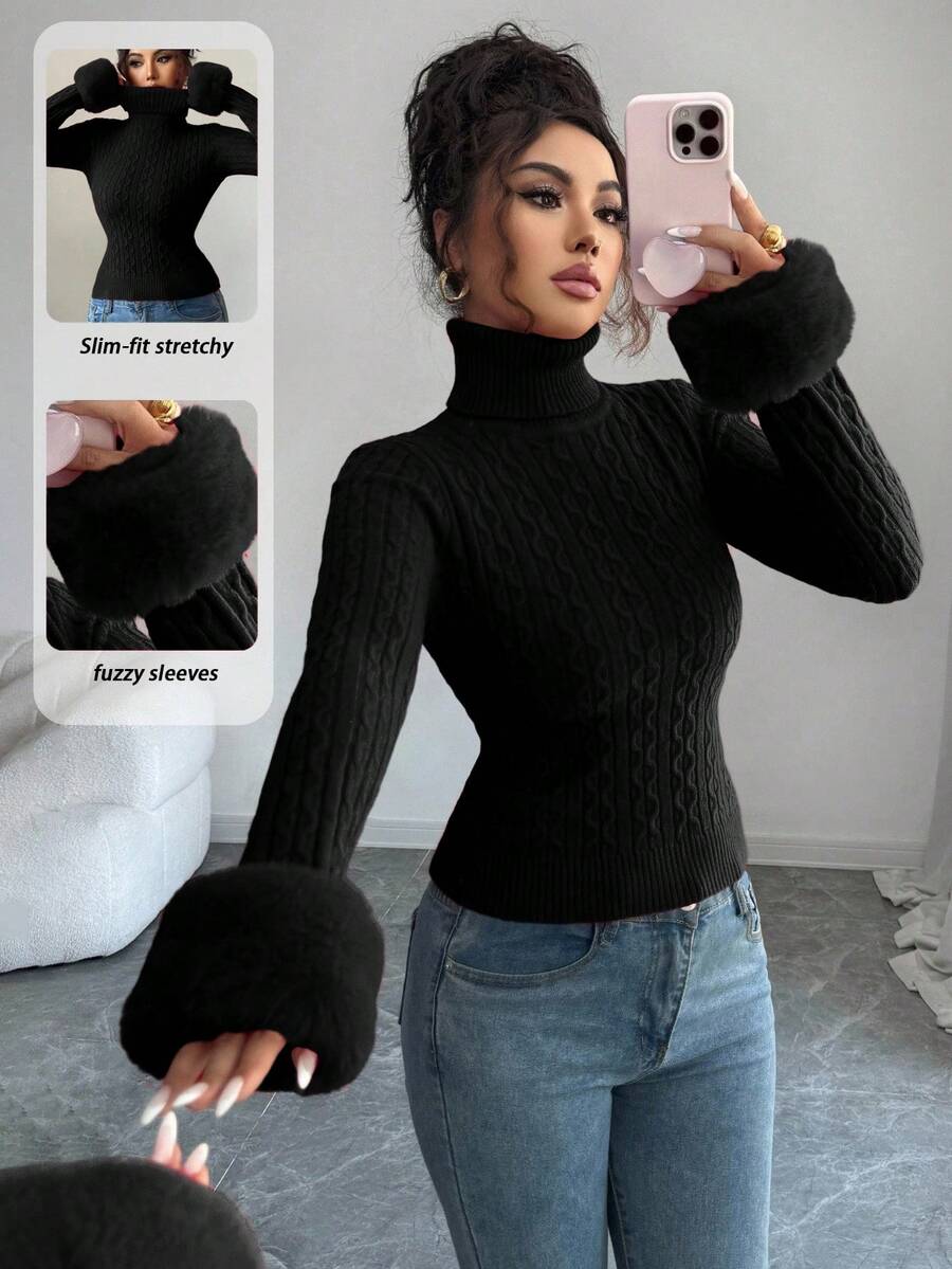 SHEIN Elenzya Elegant Twist Collar Patchwork Knit Sweater, Long Sleeve, Slim Fit, Suitable For Commuting, Autumn/Winter - Black - View 1