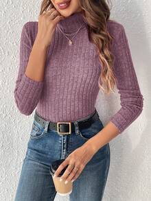 SHEIN Frenchy 女式纯色高领罗纹修身休闲长袖 T 恤 - 中紫紅色 - 查看 6