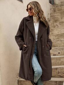 SHEIN Frenchy Drop Shoulder Double Breasted Teddy Coat In Fall/Winter Brown Casual - Brown - View 7
