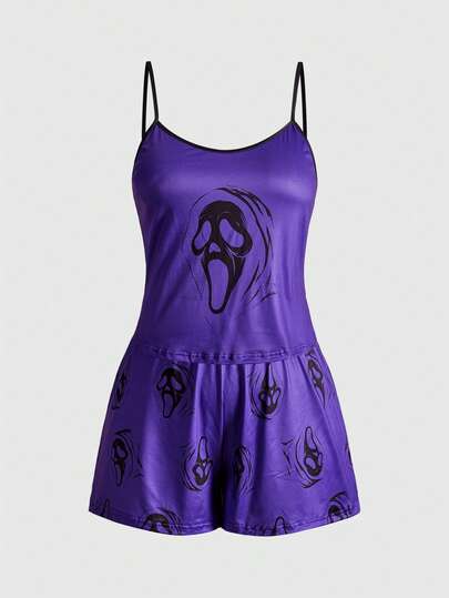 Goth Set pigiama da donna taglie forti con canotta e pantaloncini a contrasto con motivo gotico e imp