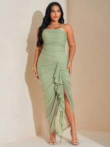 SHEIN Tall CURVE Plus Size Women Solid Color Ruched Patchwork Ruffle Hem Fitted Elegant Camisole Dress - Green - View 3