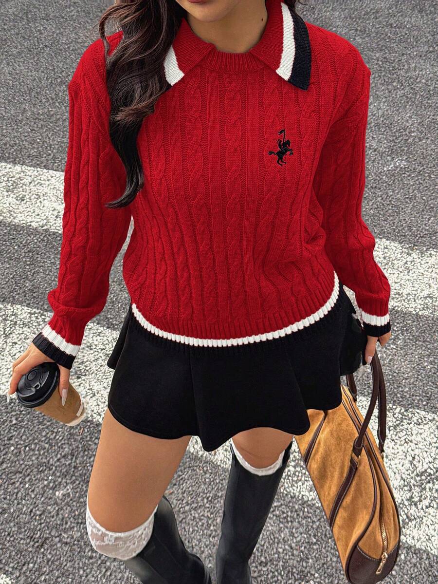 INAWLY Women's Embroidery Contrast Color Sweater, Autumn/Winter - Red - View 1