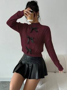 Elenzga 女式法式蝴蝶结针织柔软蓬松长袖毛衣，冬季 - 中紫紅色 - 查看 4