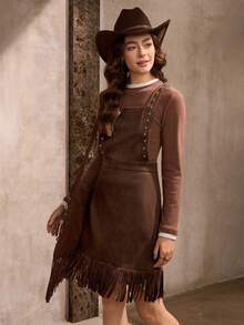 Wildy 休闲复古美式风格女士秋冬日常基本款铆钉流苏无袖吊带迷你连衣裙