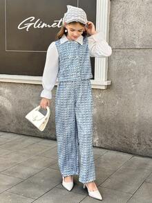 SHEIN 两件套：拼接长袖衬衫 + 休闲直筒裤 - 藍色 - 查看 6