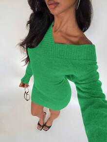 SHEIN Unity V-Neck Knitted Women's Bodycon Sweater Dress, Autumn/Winter - Green - View 5