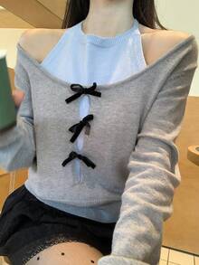 DAZY Sweater Rajut 2 in 1 Kasual Longgar Elegan dengan Hiasan Pita untuk Wanita, Musim Gugur/Dingin - Grey - View 4