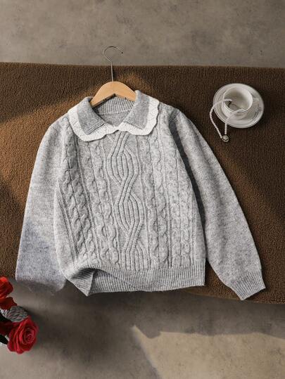 Suéter de niña preadolescente gris de otoño elegante para vacaciones, despedida escolar y regreso a clases, casual retro lindo con textura de punto de cable grueso, unicolor, manga larga