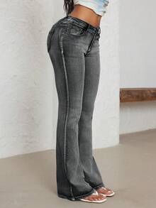 SHEIN Unity Plus Size Y2K Streetwear Embroidered Flare Jeans - Dark Grey - View 5