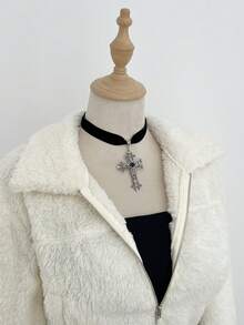 SHEIN Unity 1件女士杏色毛领开衫外套，休闲通勤冬季外套 - 杏色 - 查看 5