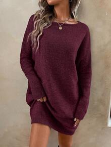 EMERY ROSE Váy len cổ thuyền màu trơn thoải mái cho kỳ nghỉ - Đỏ - Xem 4