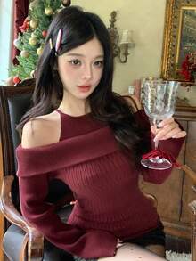 DAZY Damen eleganter Off-Shoulder einfarbiger Pullover, Herbst - Bordeaux - Übersicht 5