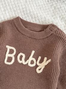 Loomiva Newborn Baby Boy/Girl Brown Cute Cartoon Letter Pattern Round Neck Shoulder Sweater & Striped Winter Pants Set,Autumn Casual Versatile Infant Outfit - Multicolor - View 2