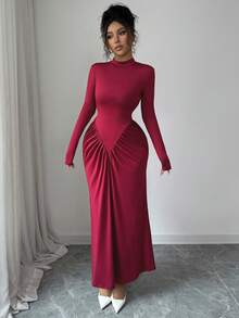 SHEIN Elenzya Autumn/Winter New French Elegant Stand Collar Ruched Fitted Bodycon Cocktail Dress, Sophisticated Design, Suitable For Formal Occasions - Burgundy - View 5