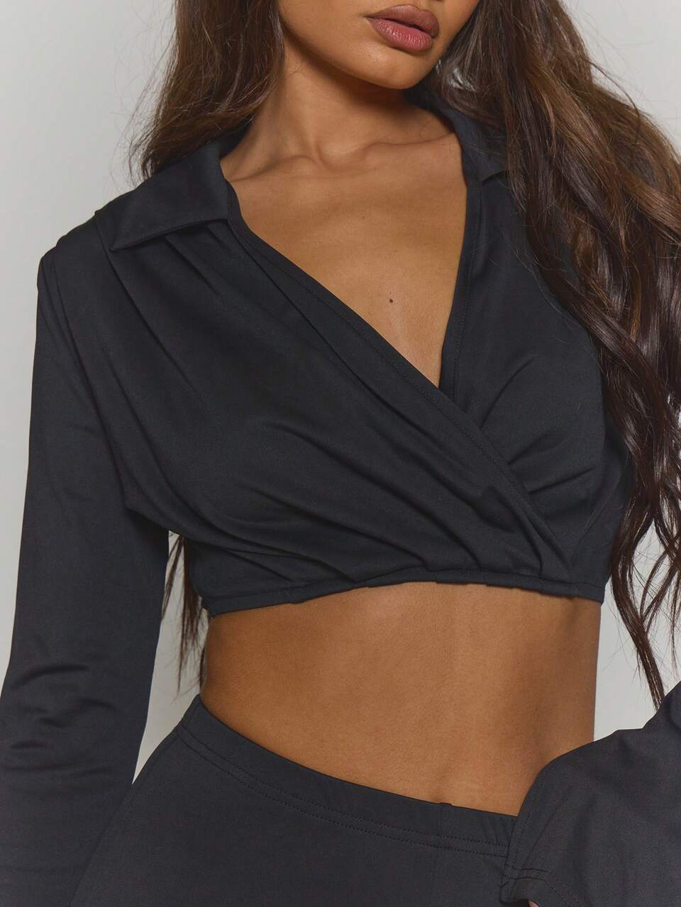 V Neck Wrap Around Pleated Detail Long Sleeve Crop Top Fall Autumn  Streetwear Cool Night Out Everyday Sexy Onyx Summer Spring Holiday