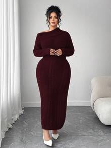 Elenzga 女士加大码宽松针织毛衣连衣裙，露肩设计，休闲外套，大码，秋冬款 - 酒紅色 - 查看 7