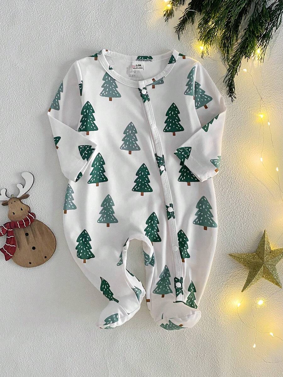 1件新生儿圣诞风格长袖连体衣，可爱圣诞元素设计，针织面料数码印花 - 彩色 - 查看 1