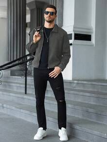 Manfinity CasualCool Áo khoác nam trơn màu có khóa kéo thường ngày, áo khoác crop mùa thu/đông cho nam, áo khoác nam, áo khoác mùa hè cho nam, áo khoác nam dài tay có khóa kéo thường ngày - Xám - Xem 4