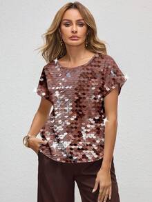 Shutterstock Glamance 棕色亮片休闲简约女式圆领衬衫，闪亮派对上衣，新年亮片女式金属闪光上衣 - 彩色 - 查看 6