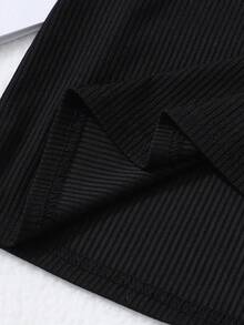 Elladie kids Girls Solid Color Ribbed Collar Ruffle Trim Long Sleeve Top + Plaid Button Decor Skort, Casual Daily Outfit - Black - View 7