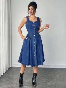Elenzga 女式休闲牛仔口袋连衣裙 - 藍色 - 查看 6