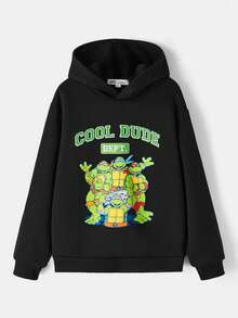 TEENAGE MUTANT NINJA TURTLES | SHEIN 青少年男孩休闲图案印花连帽运动衫，秋冬 - 黑色 - 查看 6