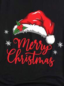 Manfinity Joysei 时尚休闲圣诞圣诞老人帽和字母印花情侣款黑色圆领男士 T 恤 - 黑色 - 查看 2