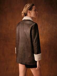 MOTF PREMIUM CHIC FAUX SHEARLING COLLAR & CUFFS 3/4 SLEEVE PU JACKET, AUTUMN/WINTER - Coffee Brown - View 4