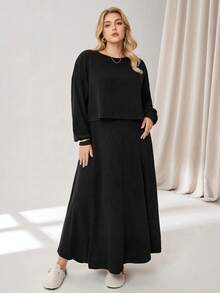 Auralis Plus Size Black Autumn Smart Casual Everyday Cloud Fleece Embroidered Ribbed Crew Neck Cropped T-Shirt & Long Ruffle Hem Skirt Two-Piece Set Modest - Black - View 7
