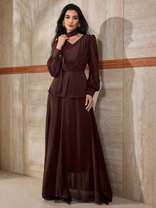 Modelyn 优雅法式V领喇叭下摆连衣裙 - 棕色 - 查看 5