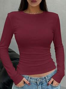 DAZY 女士休闲纯色简约圆领长袖T恤 - 酒紅色 - 查看 4