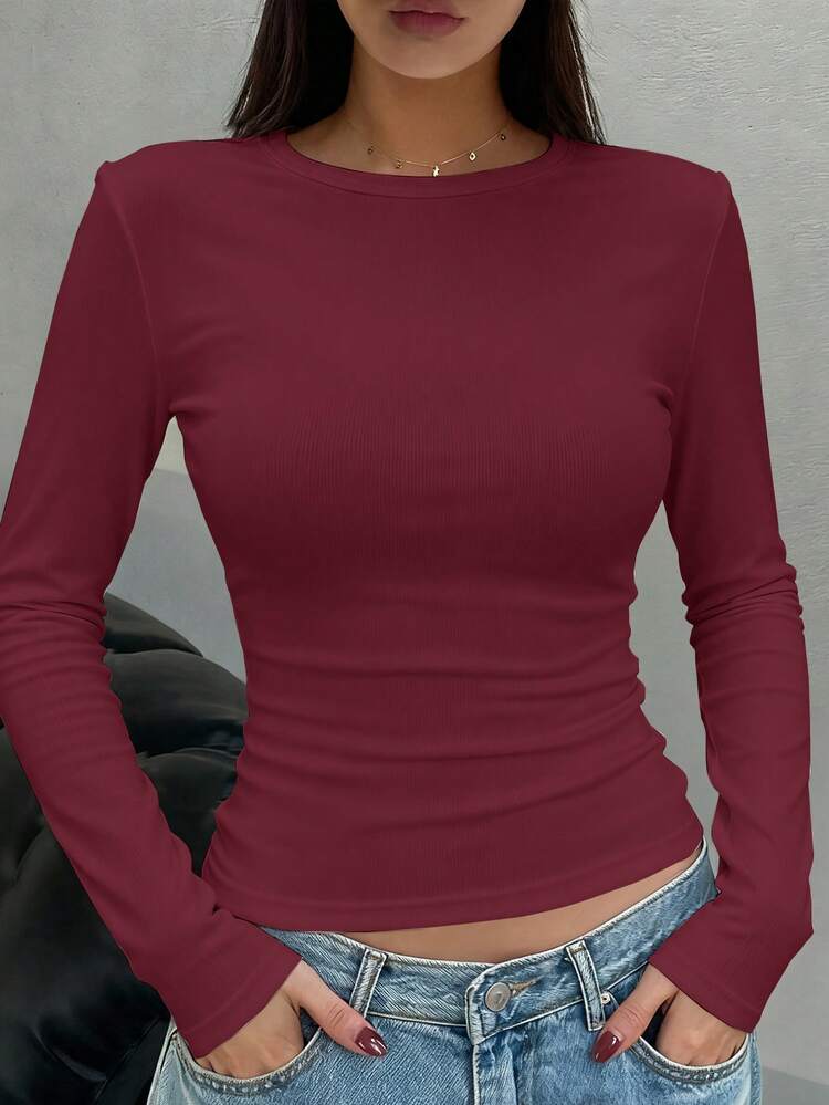Women's Casual Solid Color Minimalist Round Neck Long Sleeve T-Shirt