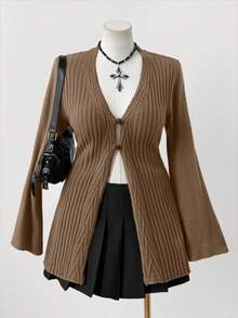 Sunspun Áo len cardigan dệt kim cài nút phong cách Bohemian cỡ lớn dành cho nữ, phù hợp với mọi mùa, lý tưởng cho trang phục đi nghỉ - Màu Khaki - Xem 5