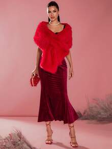 Glamine 时尚派对纯色仿皮草披肩外套，秋冬季 - 紅色 - 查看 6