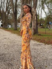 Jeta Ari Áo xoắn họa tiết da báo màu nâu cho nữ, váy dài tay và đuôi cá - Nhiều màu - Xem 6