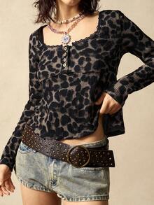Bohemela 女士秋冬休闲针织豹纹方领长袖打底T恤，豹纹冬装，女士冬季服装，黑色上衣，假日 - 彩色 - 查看 6