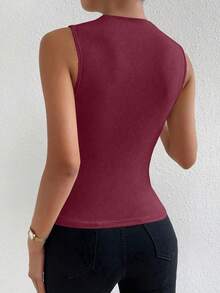 SHEIN PETITE 女士休闲日常通勤简约纯色褶皱漏斗领修身背心，夏季 - 酒紅色 - 查看 2