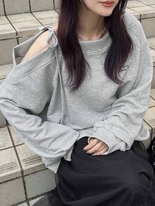 FRIFUL 女士标语印花露肩长袖宽松休闲T恤 - 灰色 - 查看 6